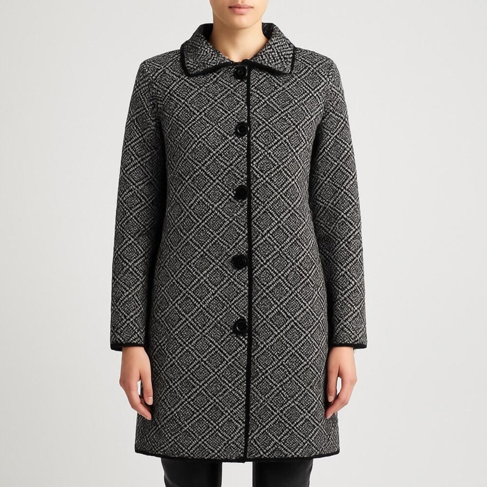 Bianca G. Made in Italy Jacquard Knit Sweater Coat L Black White Button Front